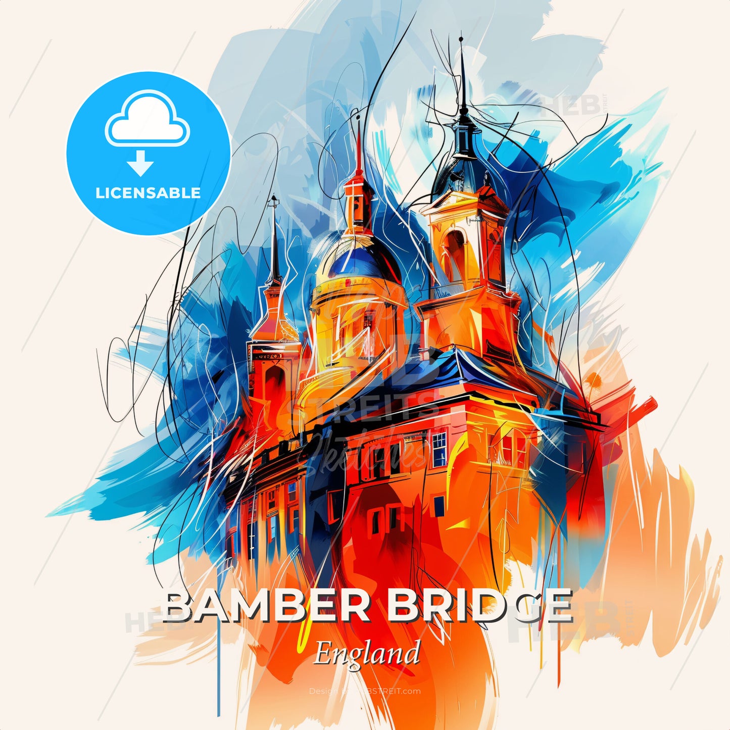 Vibrant Bamber Bridge, England - A Painting Of A Building With A Colorful Background - Square format print template