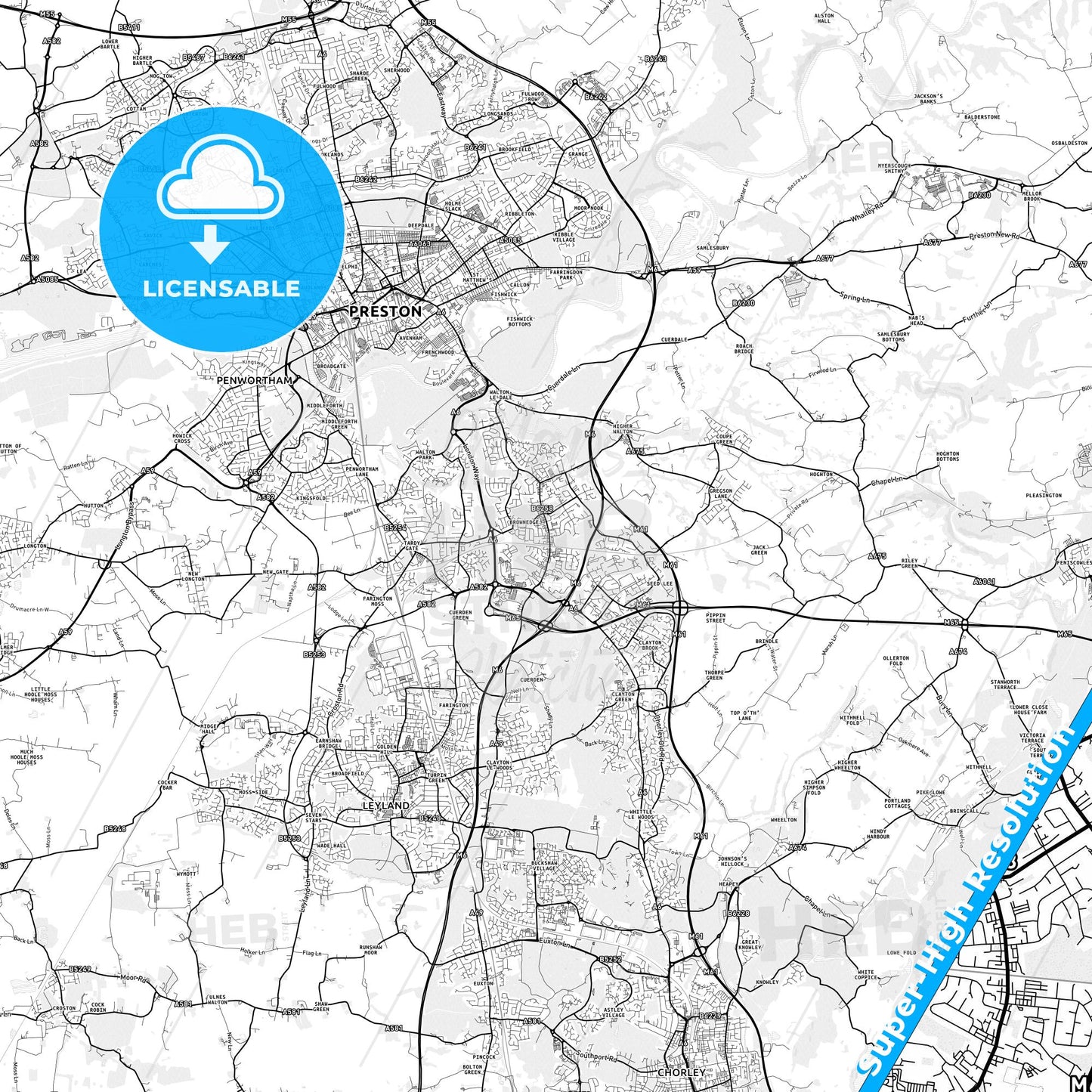 Bamber Bridge, England light map with streetnames, citynames and districts