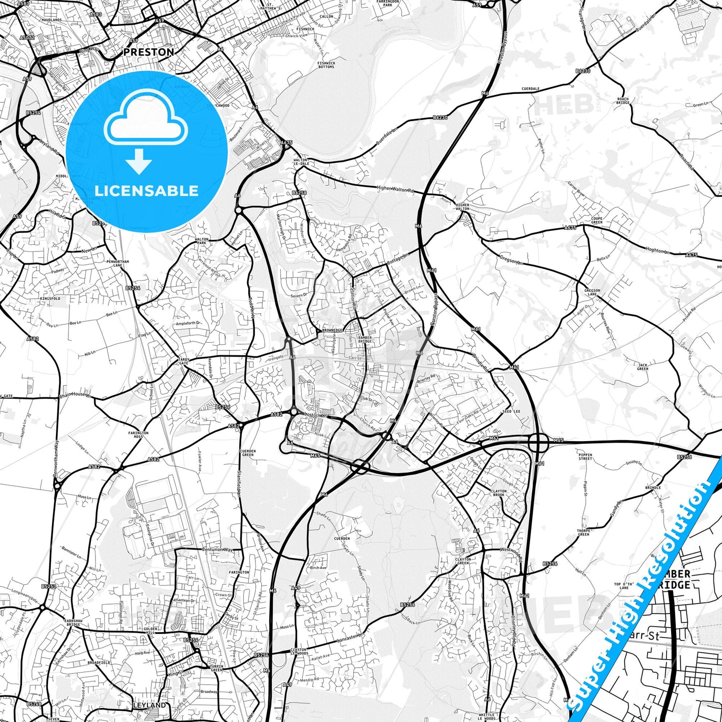 Bamber Bridge, England Light Map with Street Names, City Names, and Districts