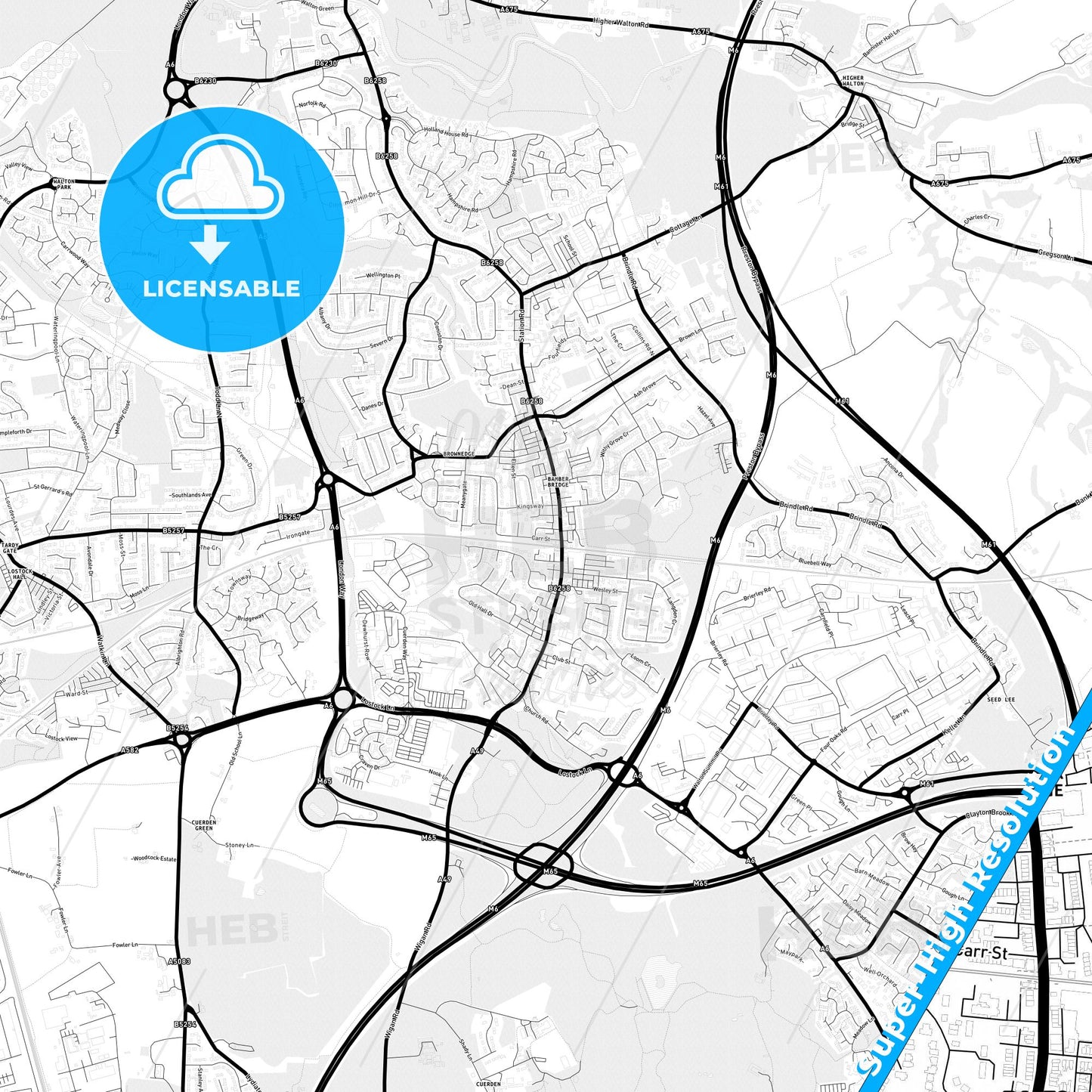 Bamber Bridge, England Light Map with Street Names, City Names, and Districts