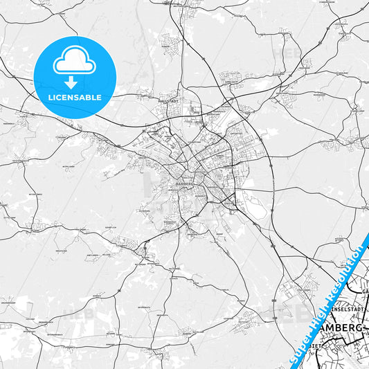 Bamberg, Germany light map with streetnames, citynames and districts