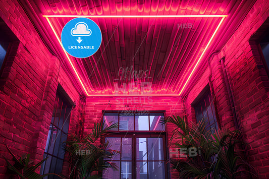 Captivating Neon Canvas: Bamboo Ceiling and Pink Lights Evoking Asian Street Food Vibe Amidst the Jungle of Brick Buildings