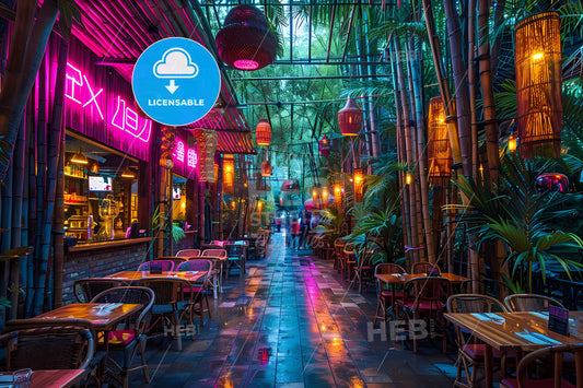 Vibrant Asian Street Food Neon Art: Jungle Walkway, Bamboo, Pink Neon, Immersive Experience