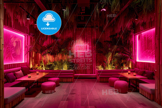 Modern Bamboo Ceiling Restaurant: Pink Lights Reflecting Asian Street Food Vibes in a Lush Ambiance of Plants and Art