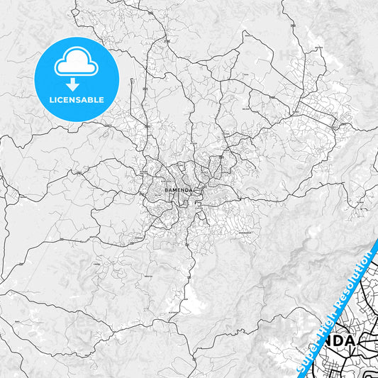 Bamenda, Cameroon light map with streetnames, citynames and districts