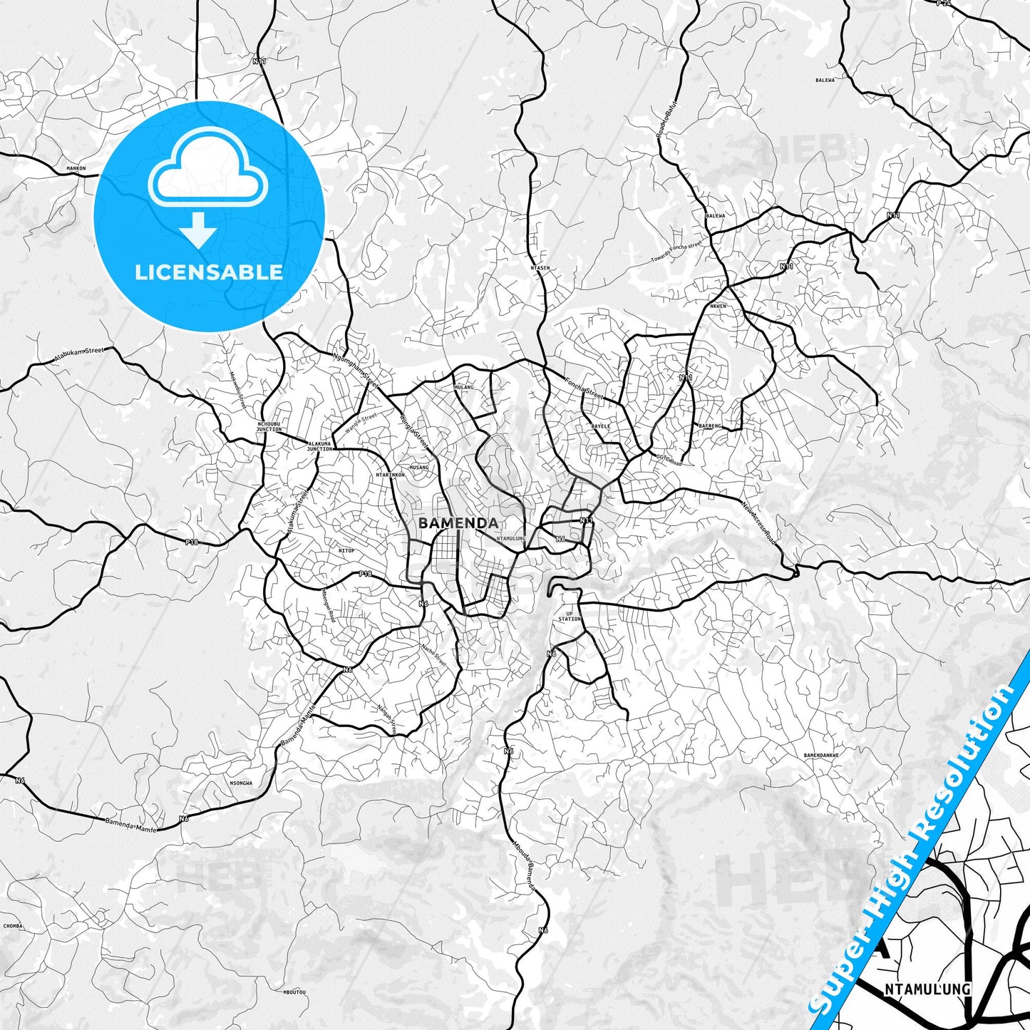 Bamenda, Cameroon Light Map with Street Names, City Names, and Districts