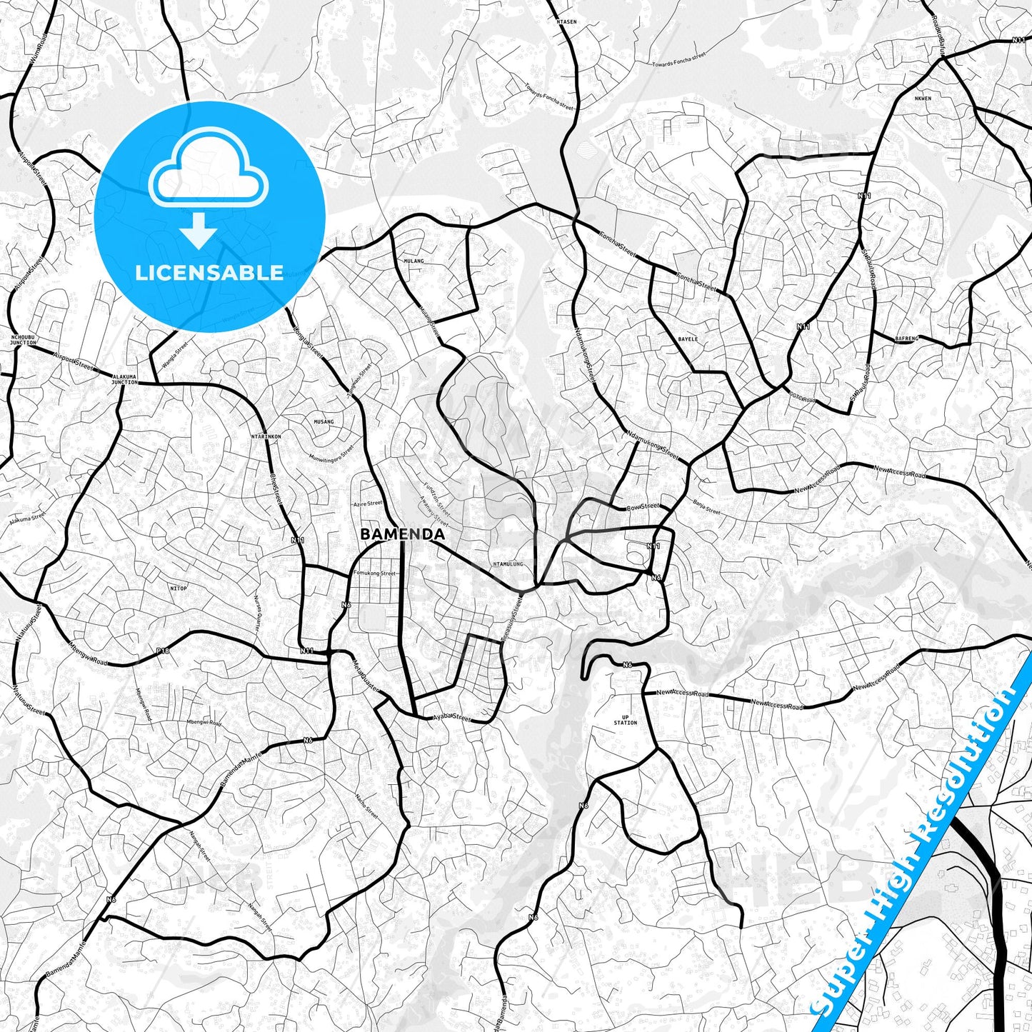Bamenda, Cameroon Light Map with Street Names, City Names, and Districts