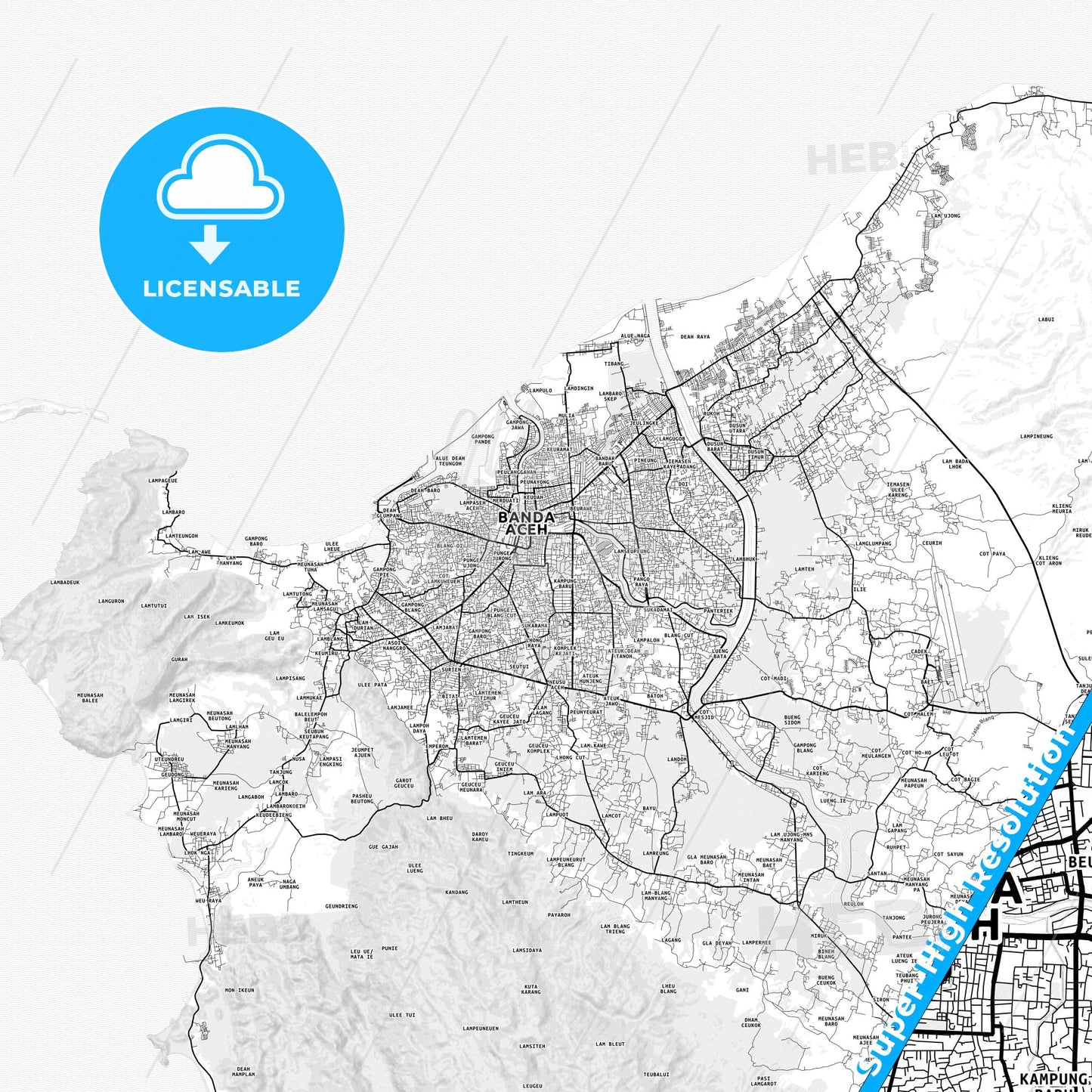 Banda Aceh, Indonesia light map with streetnames, citynames and districts
