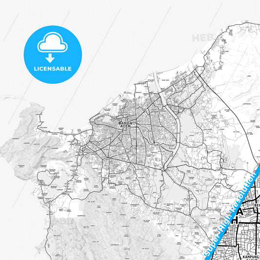 Banda Aceh, Indonesia light map with streetnames, citynames and districts