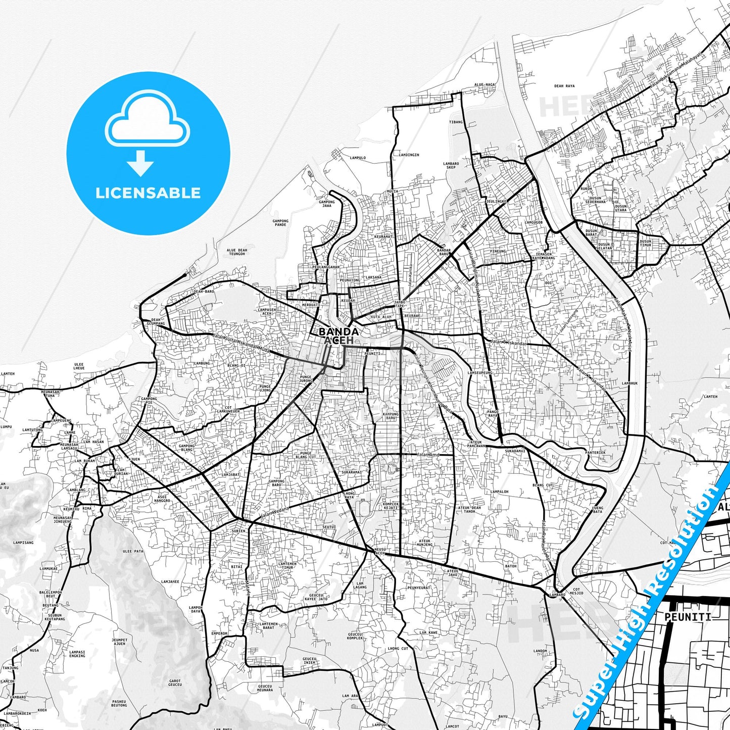 Banda Aceh, Indonesia Light Map with Street Names, City Names, and Districts