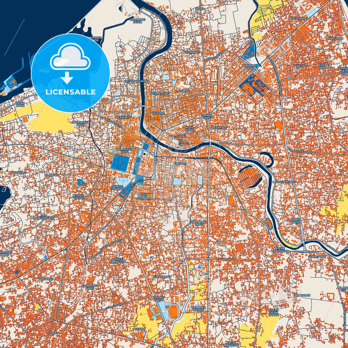 Colorful Banda Aceh Street Map with Labels and Buildings