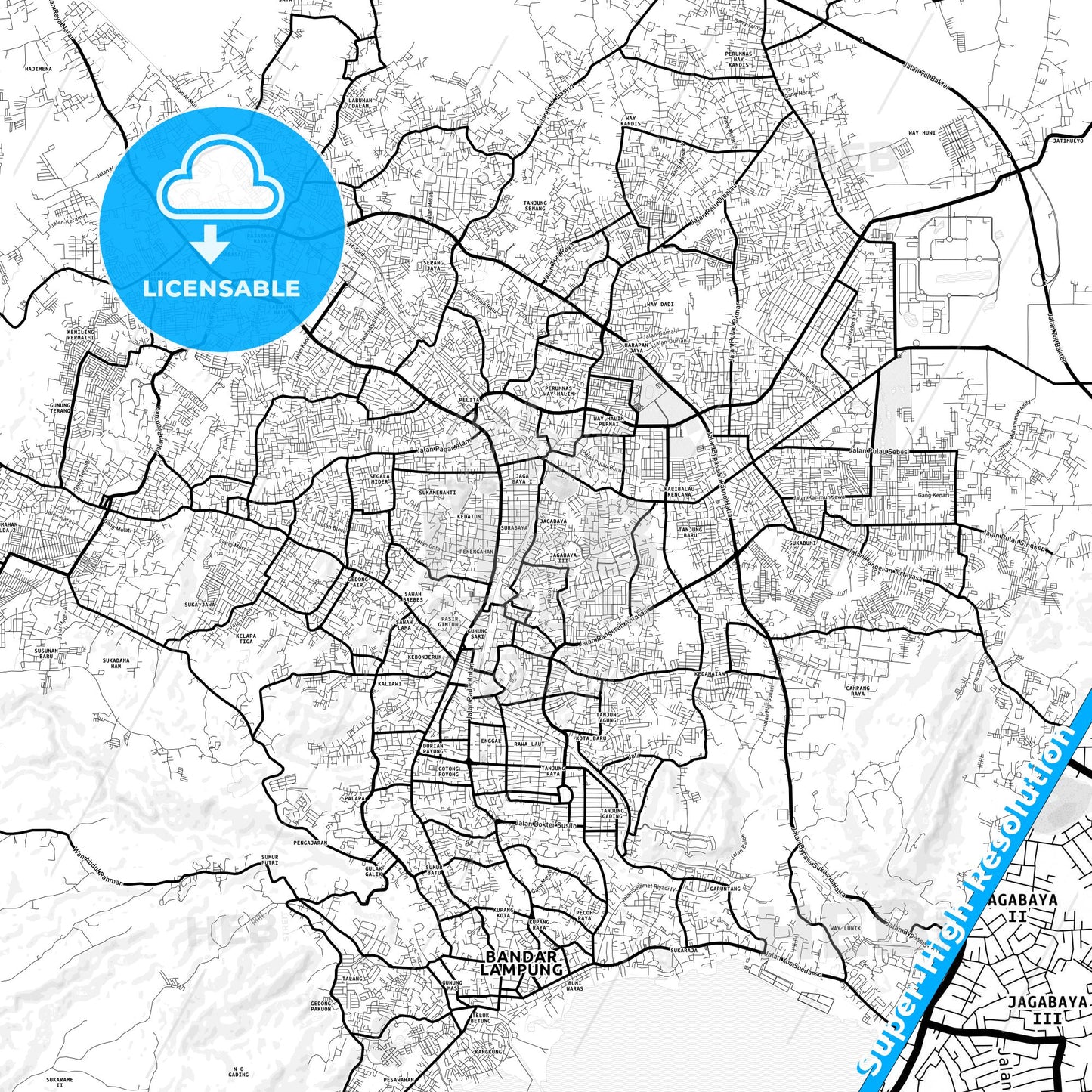 Bandar Lampung, Indonesia Light Map with Street Names, City Names, and Districts