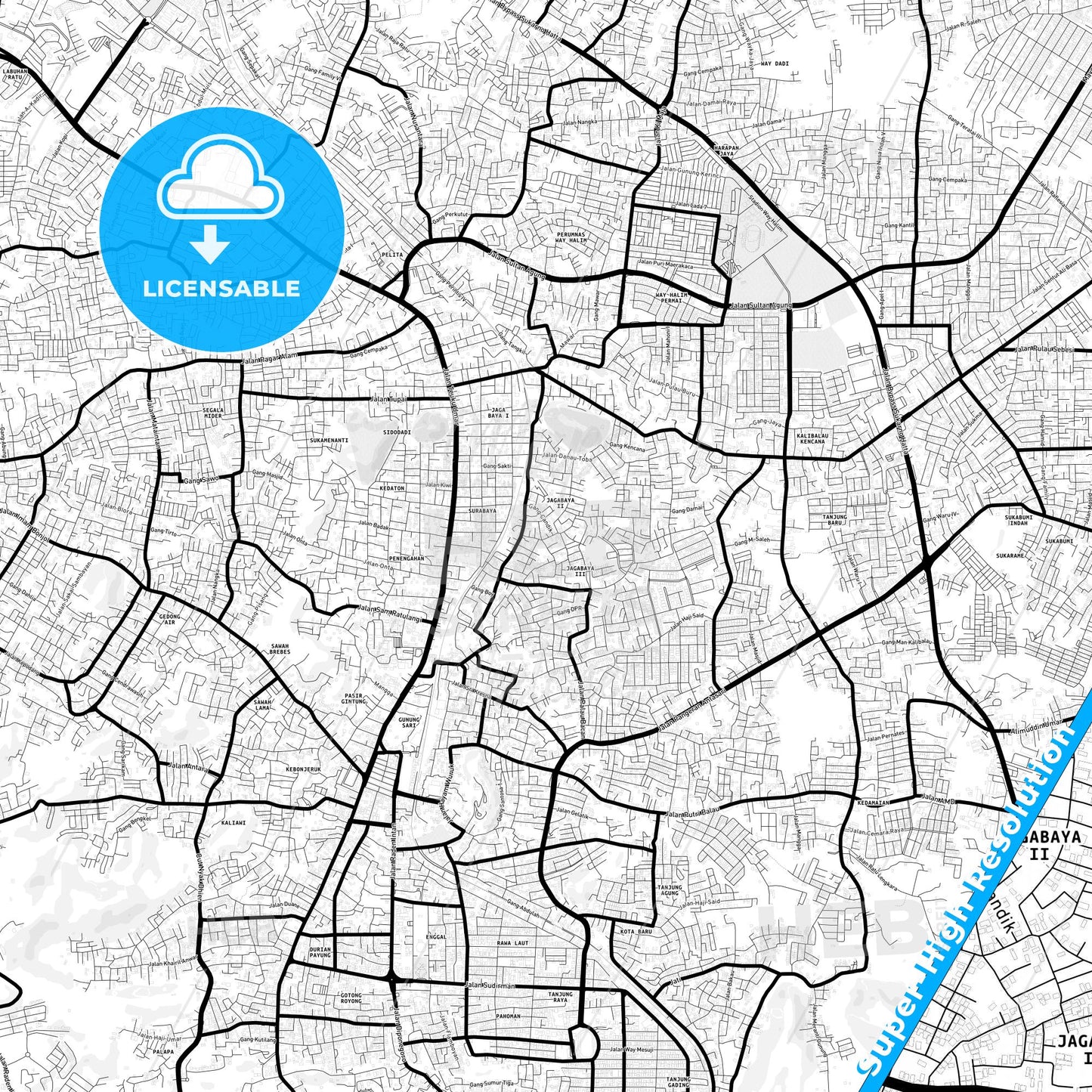 Bandar Lampung, Indonesia Light Map with Street Names, City Names, and Districts