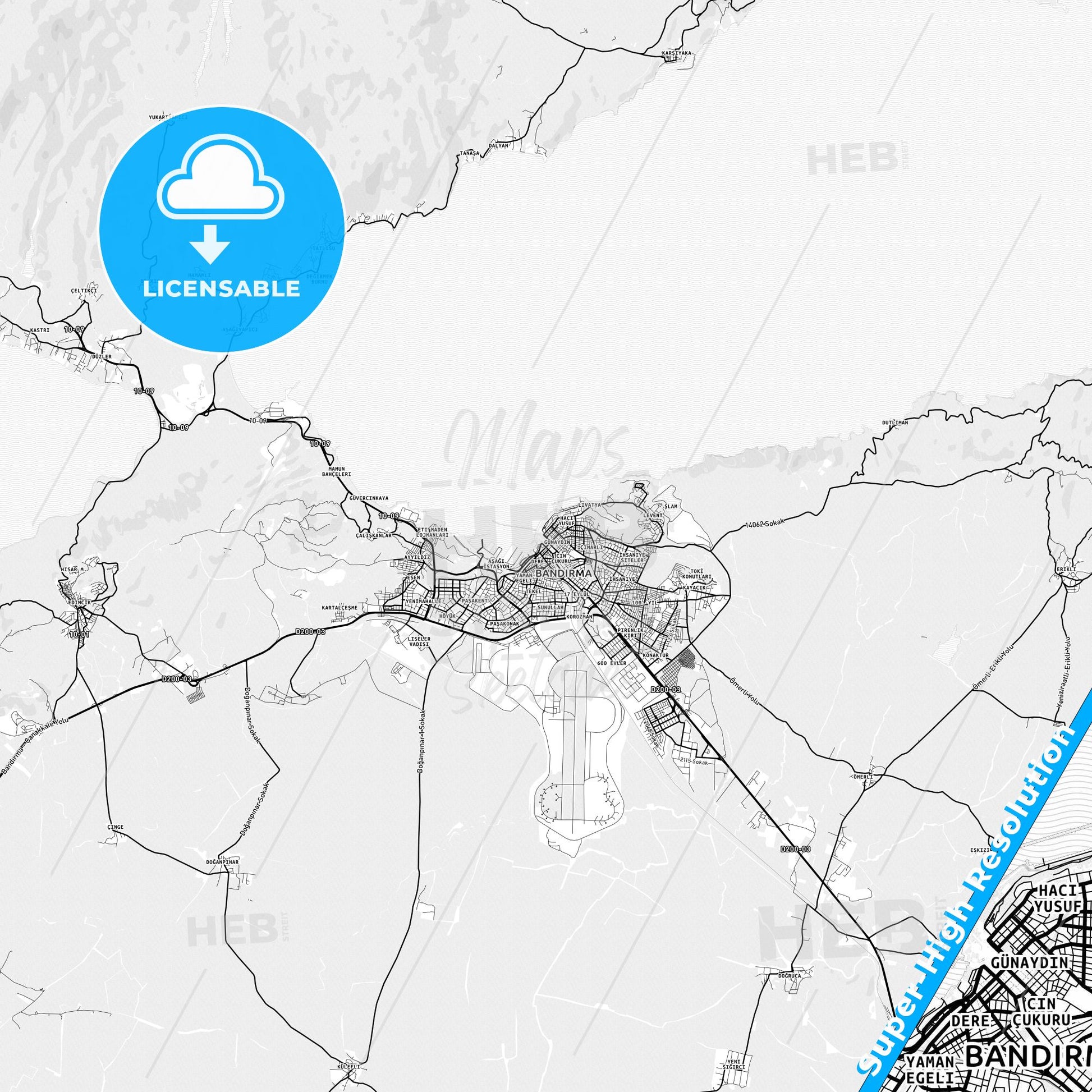 Bandırma, Turkey light map with streetnames, citynames and districts