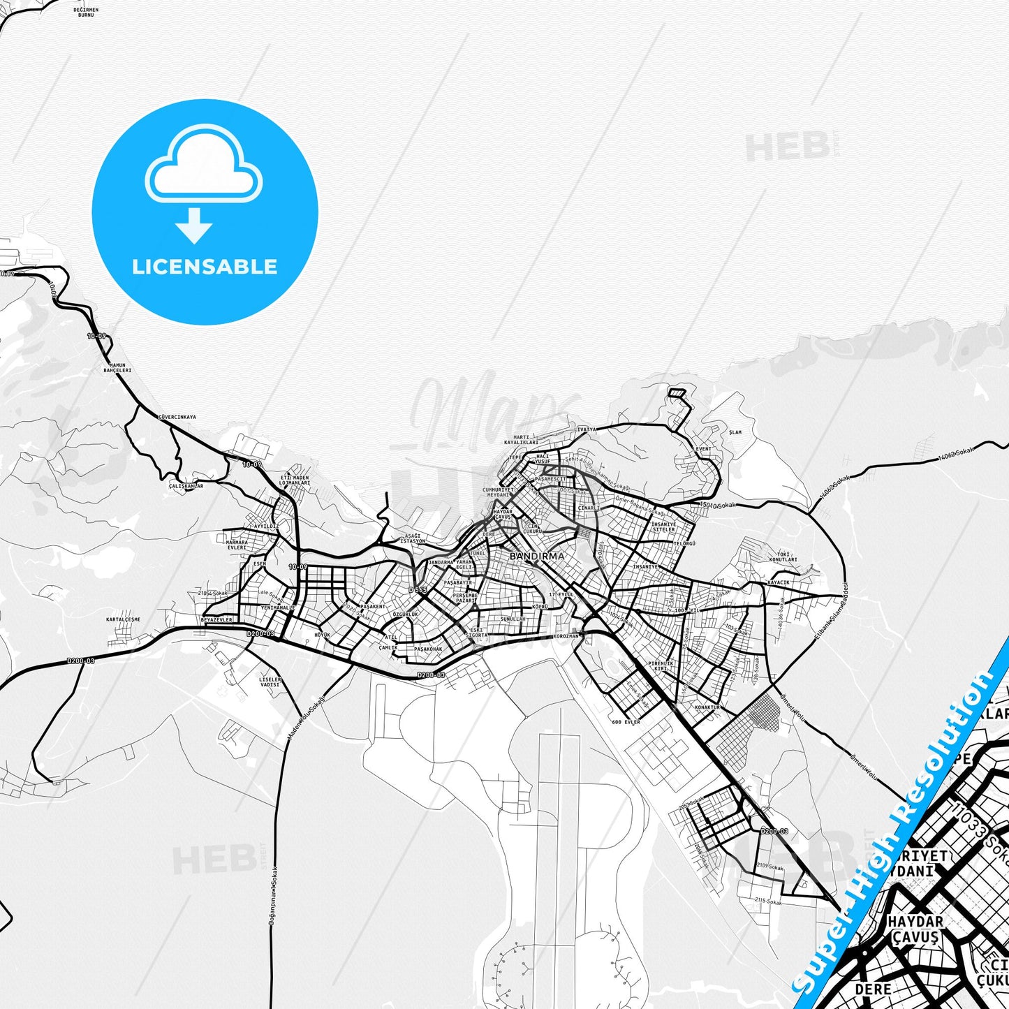 Bandırma, Turkey Light Map with Street Names, City Names, and Districts