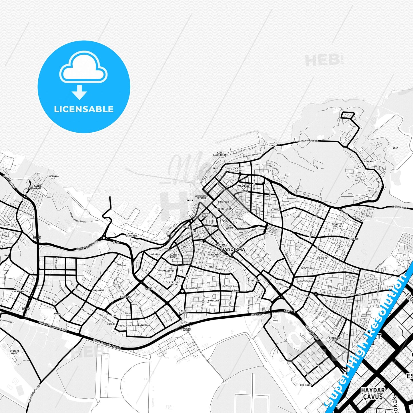 Bandırma, Turkey Light Map with Street Names, City Names, and Districts