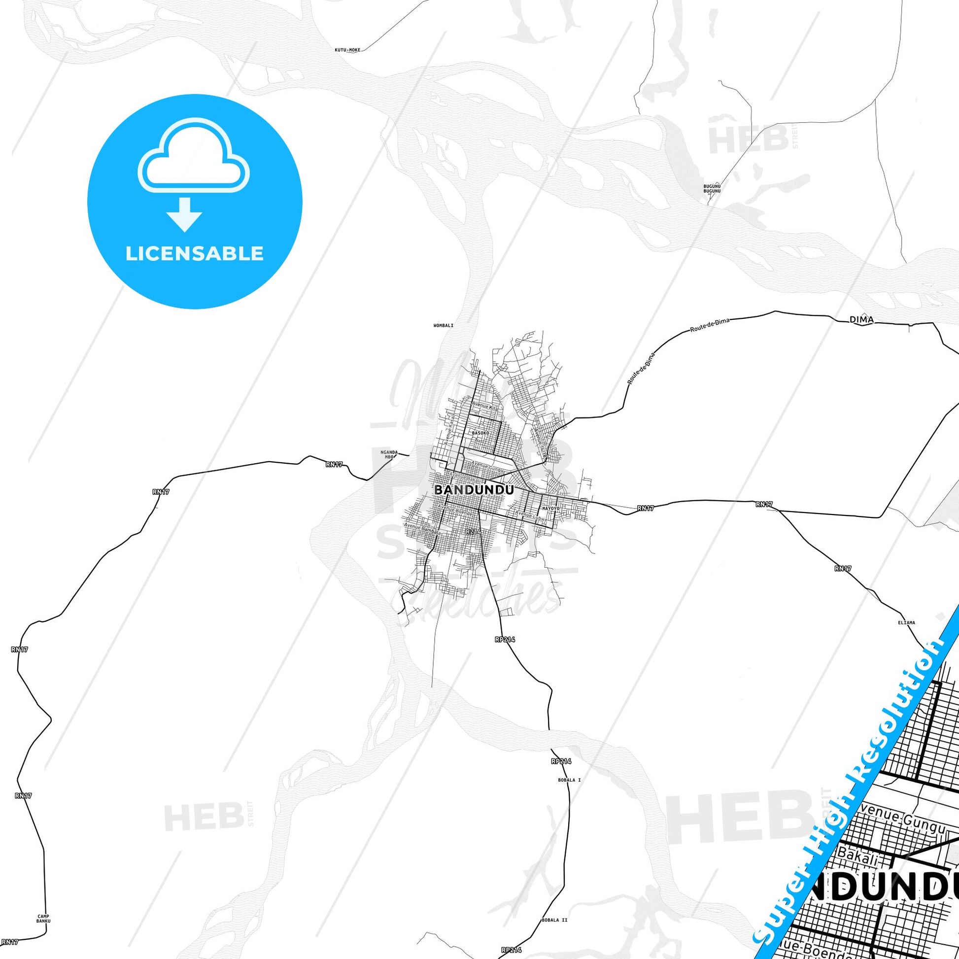 Bandundu, DR Congo light map with streetnames, citynames and districts