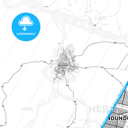 Bandundu, DR Congo light map with streetnames, citynames and districts
