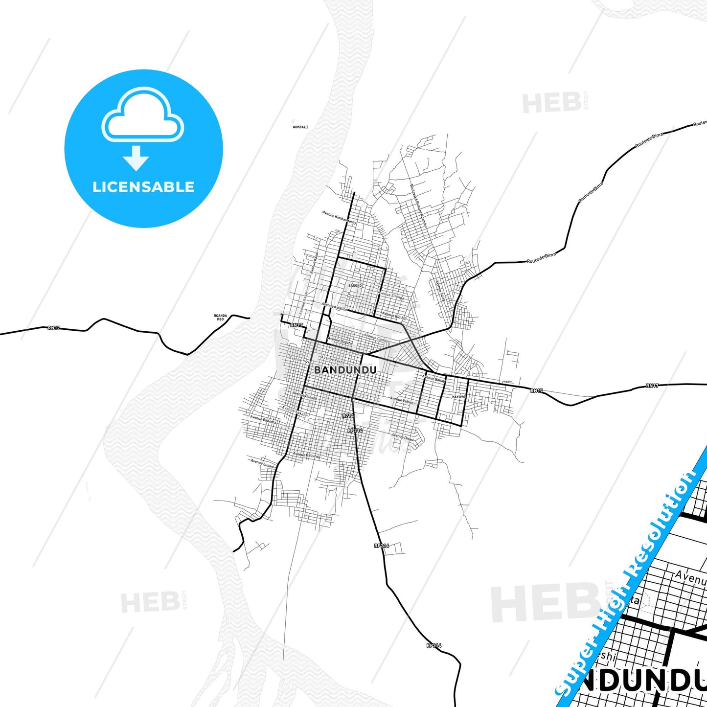 Bandundu, DR Congo Light Map with Street Names, City Names, and Districts