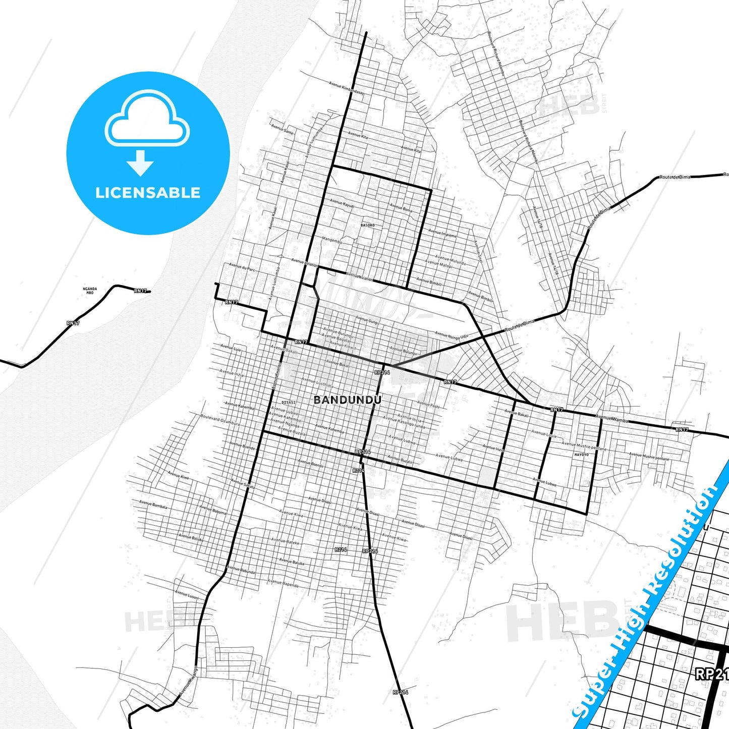 Bandundu, DR Congo Light Map with Street Names, City Names, and Districts