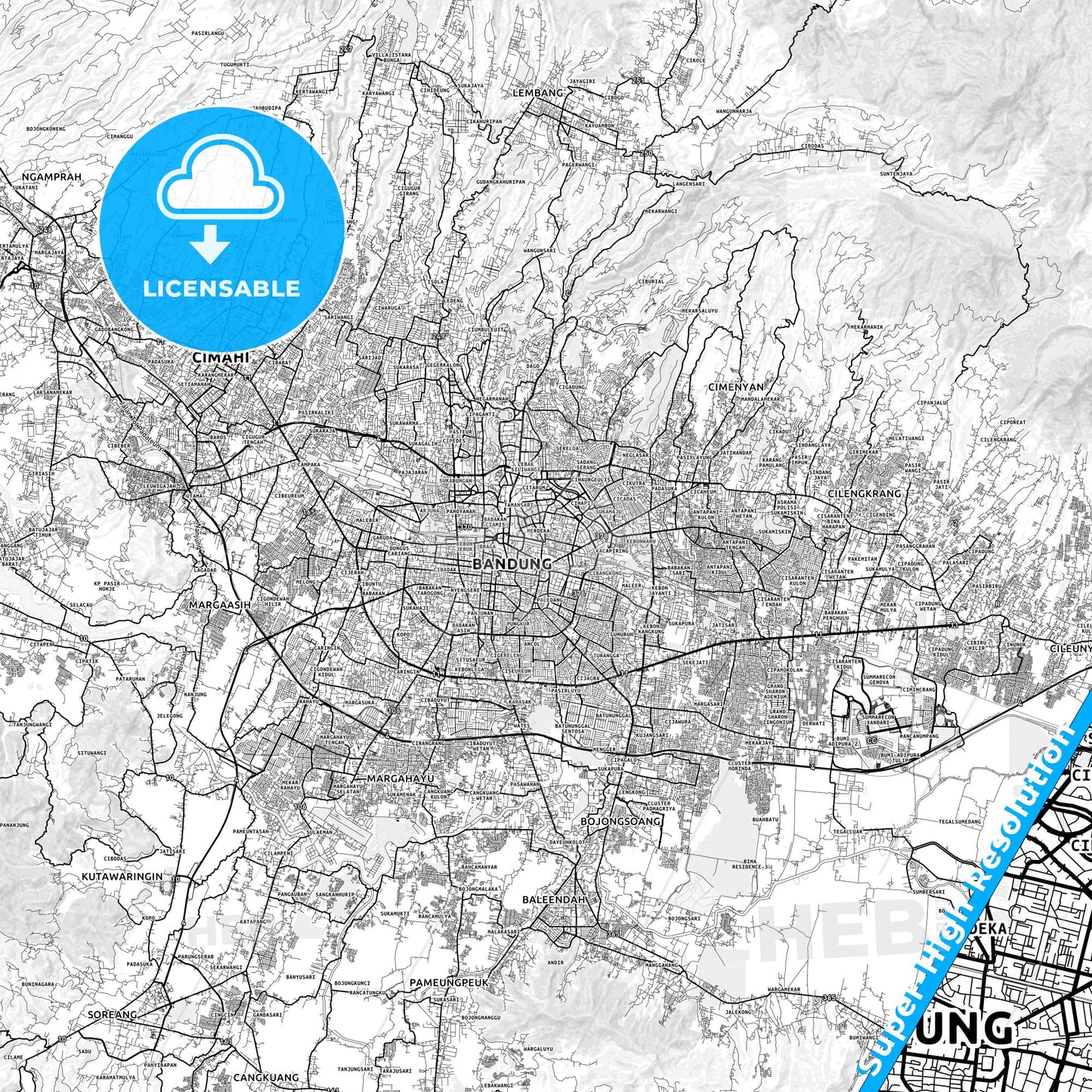 Bandung, Indonesia light map with streetnames, citynames and districts