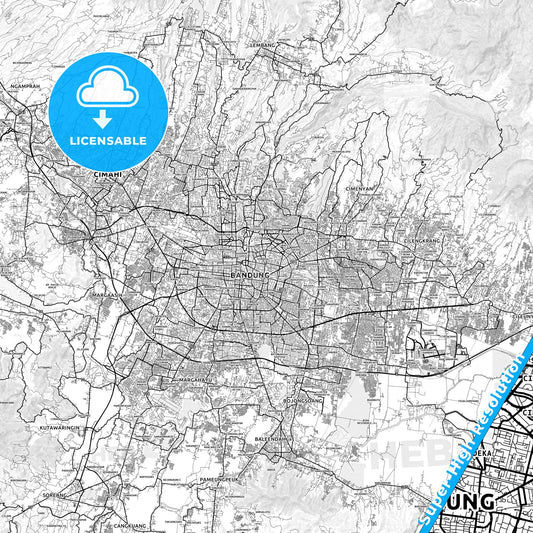 Bandung, Indonesia light map with streetnames, citynames and districts