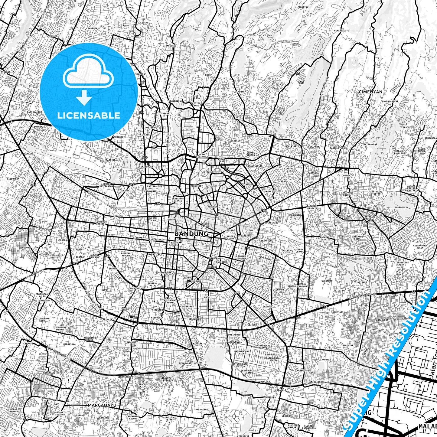 Bandung, Indonesia Light Map with Street Names, City Names, and Districts