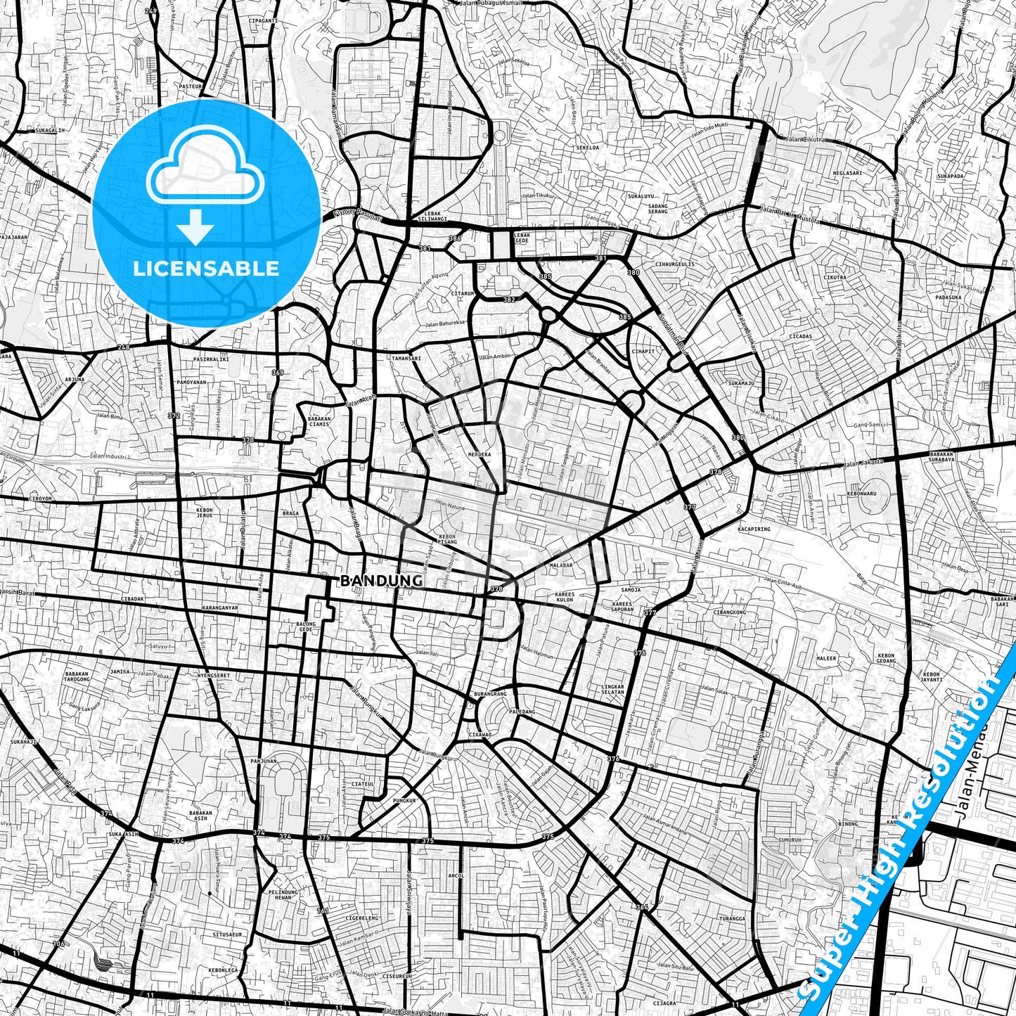 Bandung, Indonesia Light Map with Street Names, City Names, and Districts