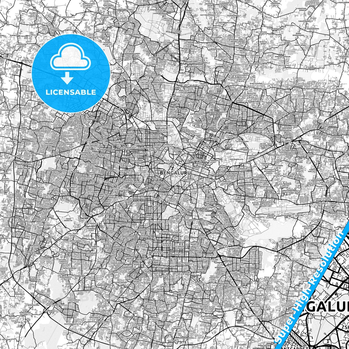 Bangalore, India light map with streetnames, citynames and districts