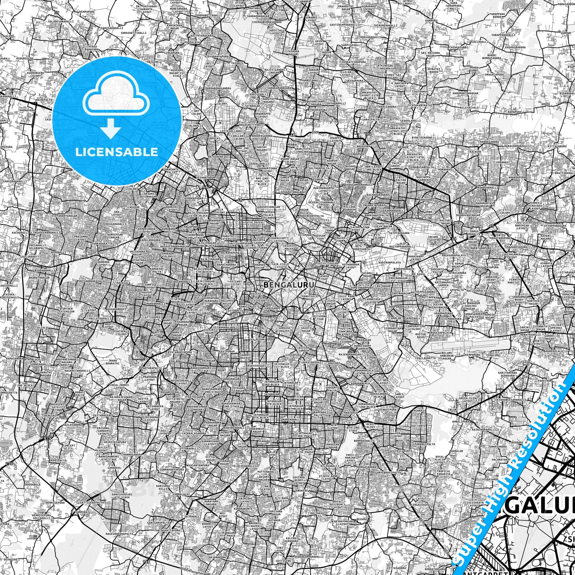 Bangalore, India light map with streetnames, citynames and districts