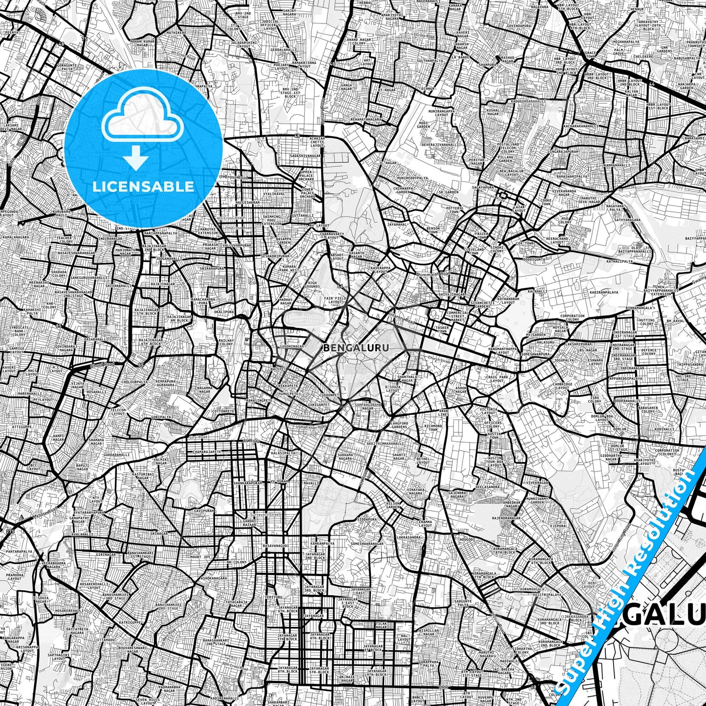 Bangalore, India Light Map with Street Names, City Names, and Districts