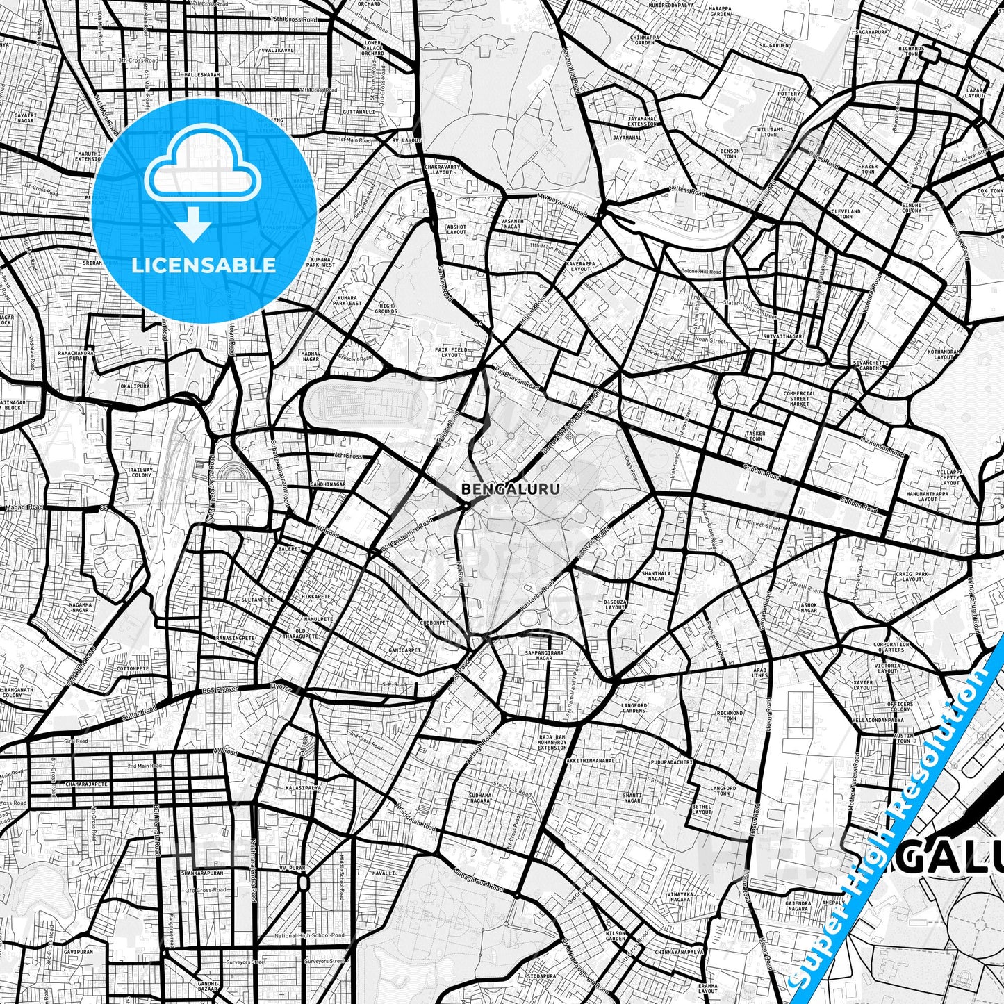 Bangalore, India Light Map with Street Names, City Names, and Districts