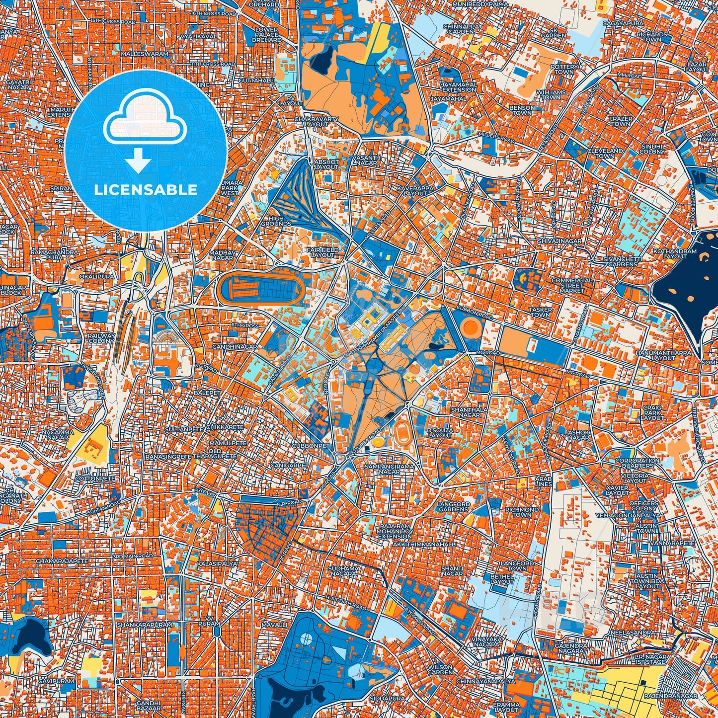 Colorful Bangalore Street Map with Labels and Buildings
