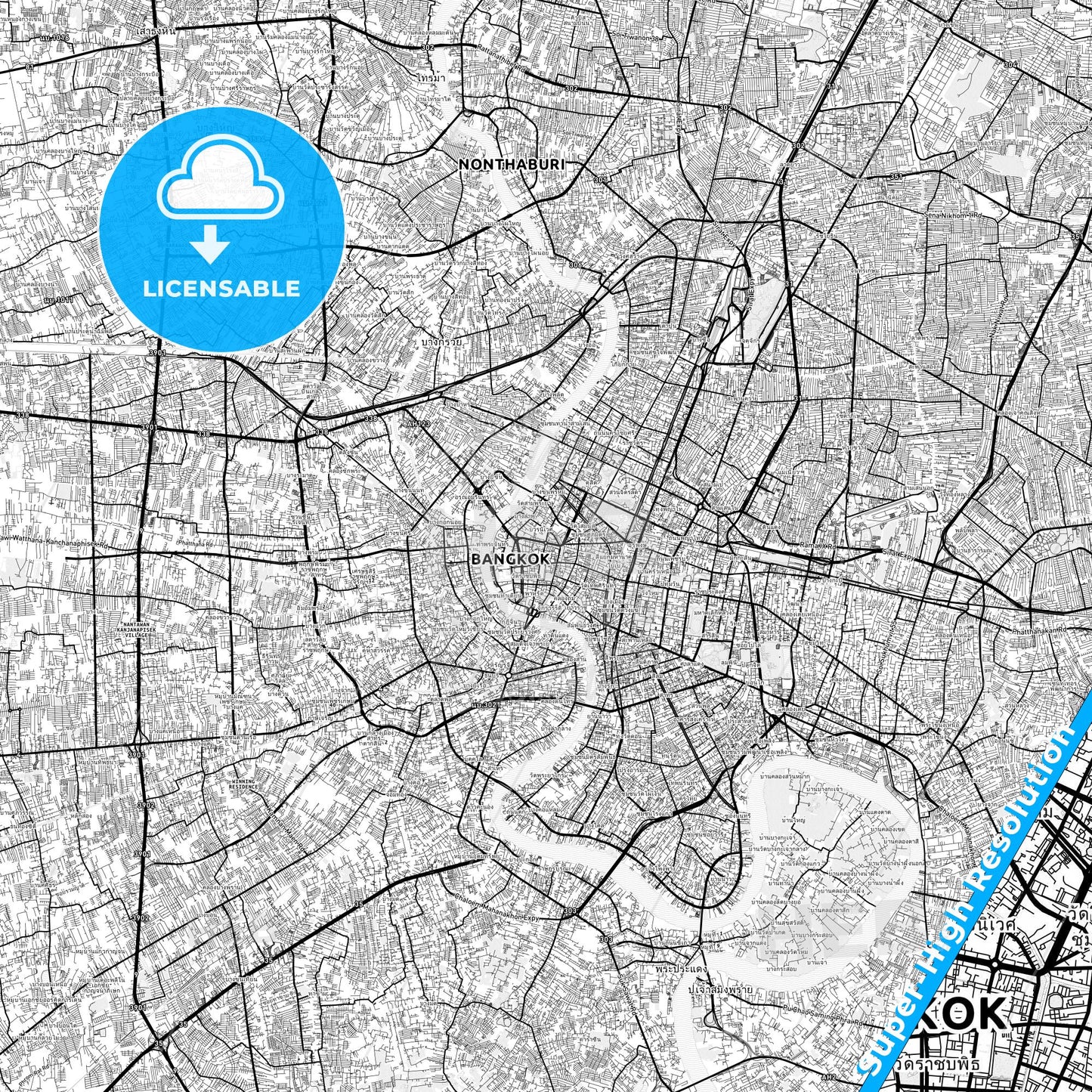 Bangkok, Thailand light map with streetnames, citynames and districts
