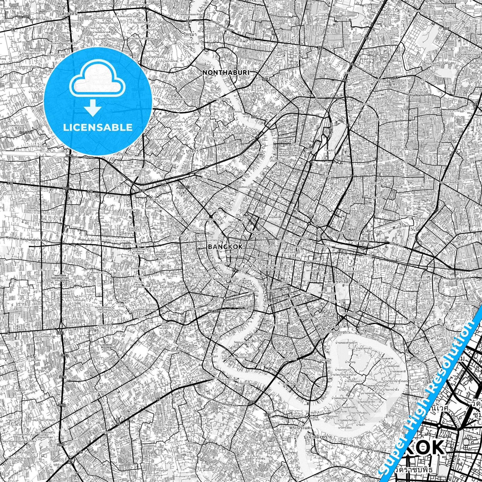 Bangkok, Thailand light map with streetnames, citynames and districts