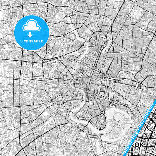Bangkok, Thailand light map with streetnames, citynames and districts