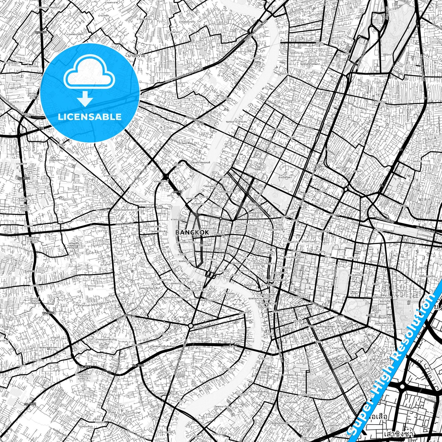 Bangkok, Thailand Light Map with Street Names, City Names, and Districts