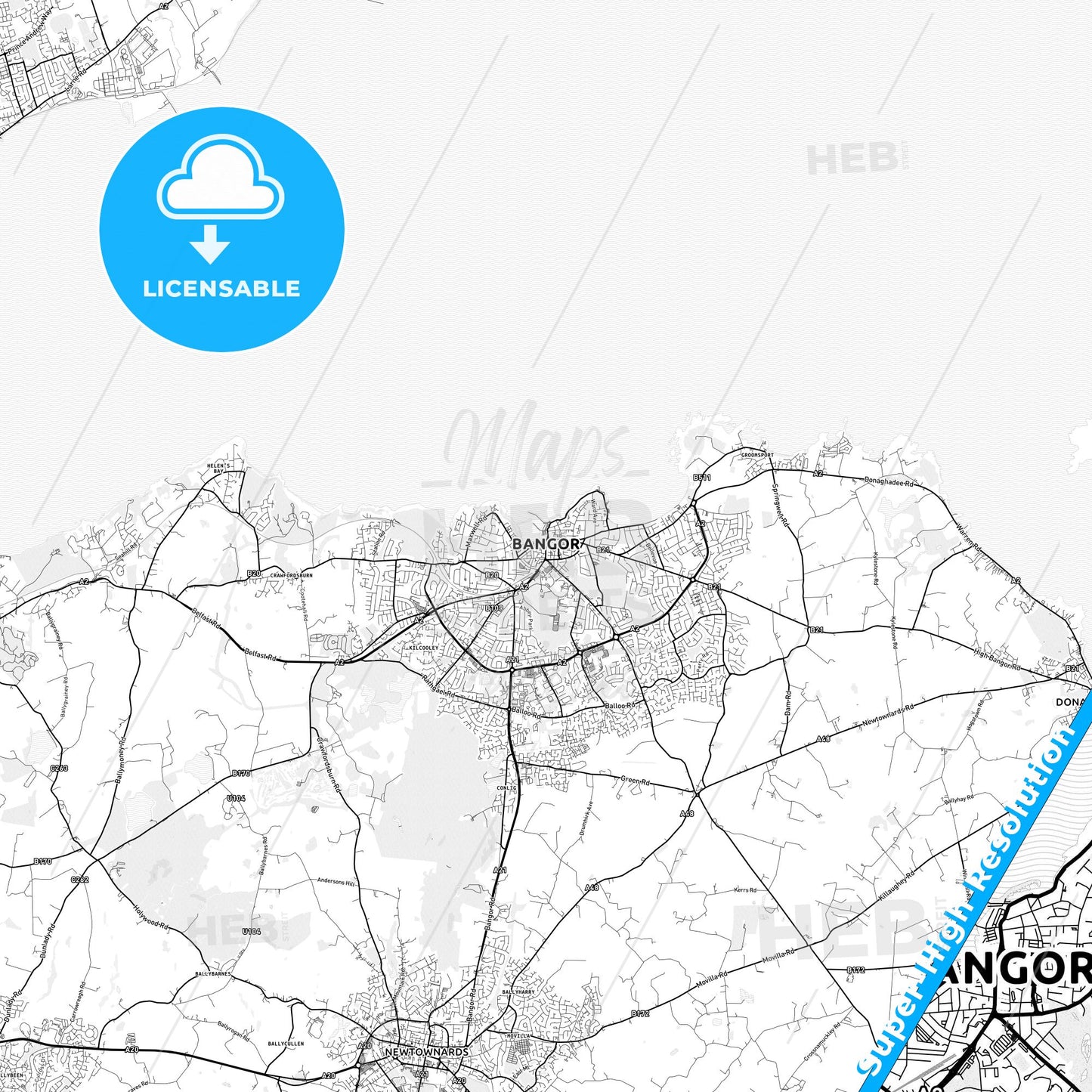 Bangor, Northern Ireland light map with streetnames, citynames and districts