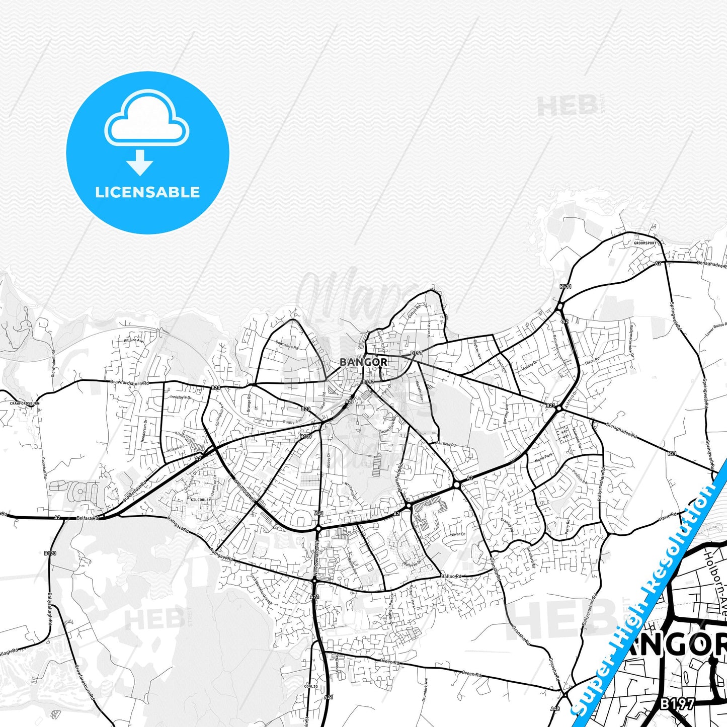 Bangor, Northern Ireland Light Map with Street Names, City Names, and Districts