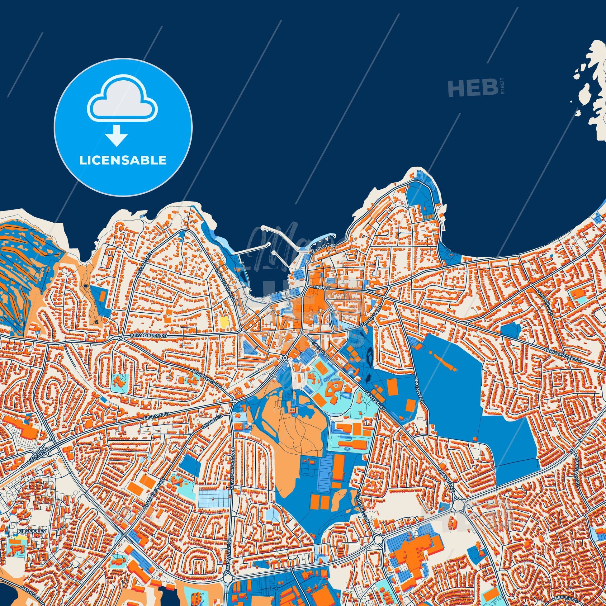 Colorful Bangor Street Map with Labels and Buildings