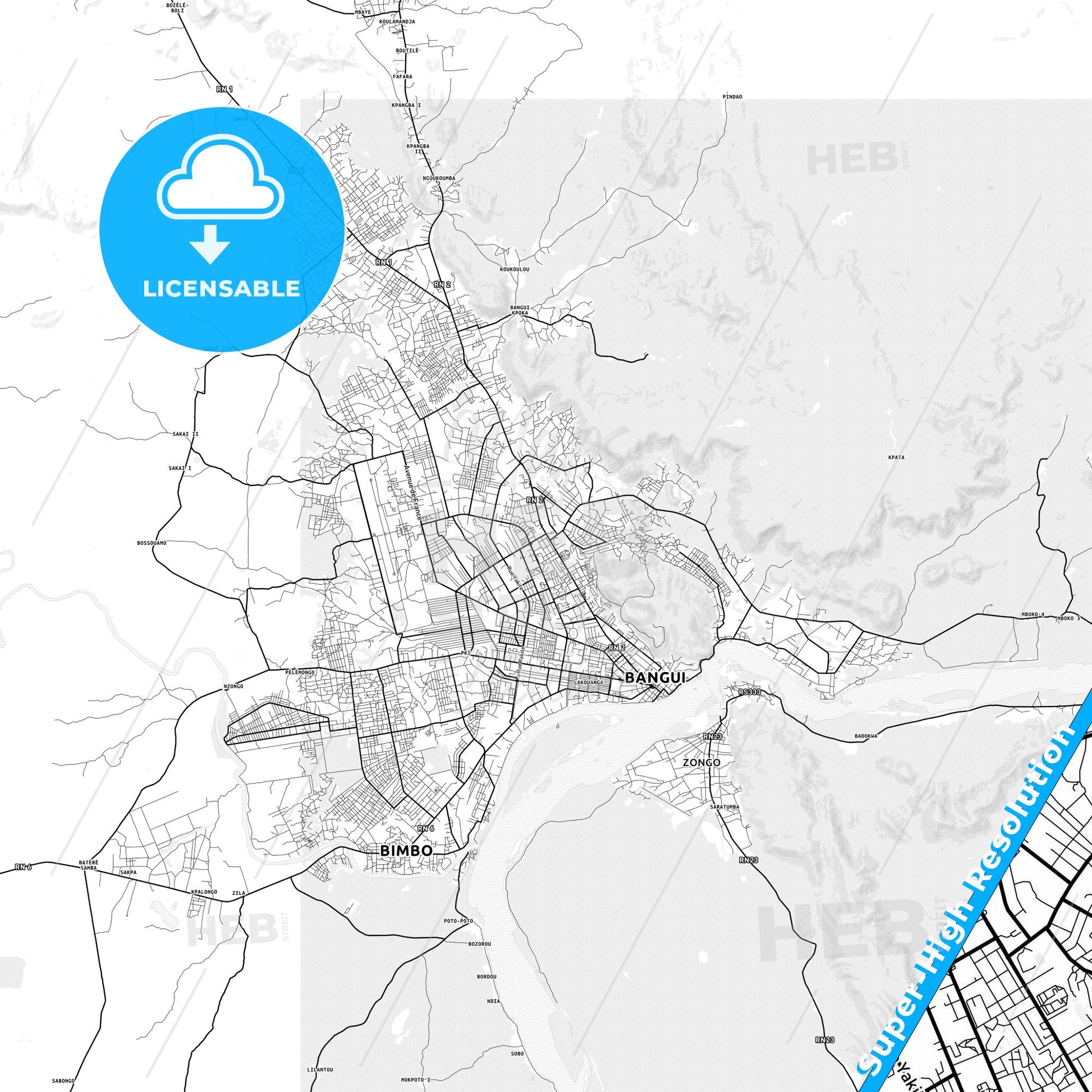 Bangui, Central African Republic light map with streetnames, citynames and districts