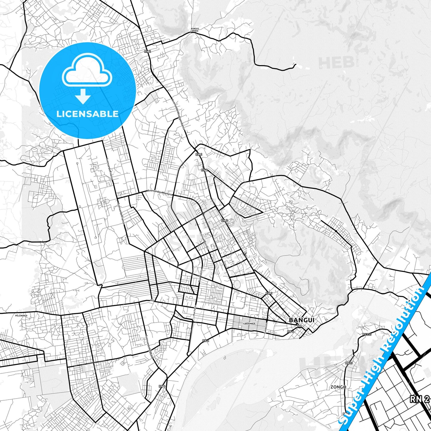 Bangui, Central African Republic Light Map with Street Names, City Names, and Districts