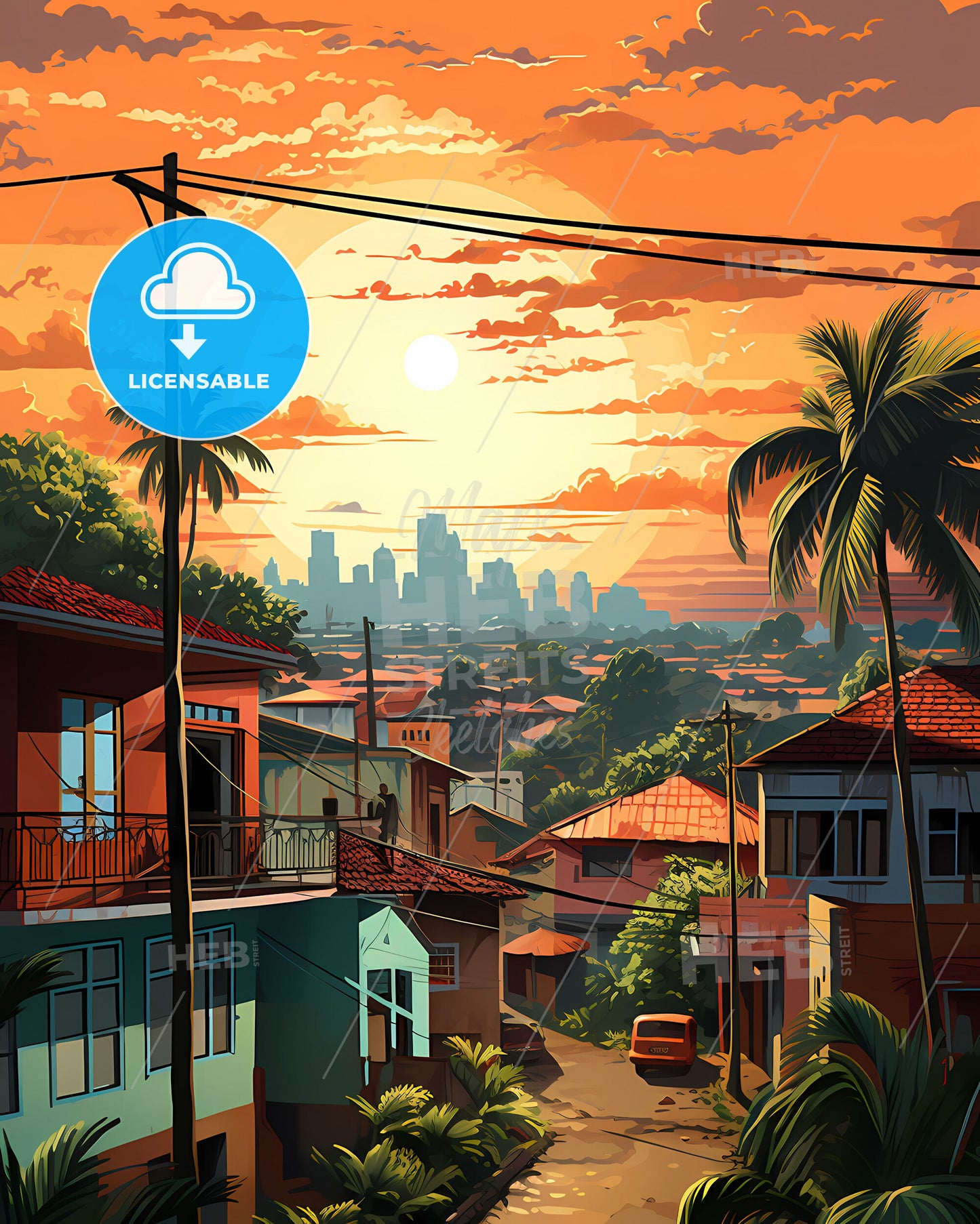 vibrant painting of Bangui Central African Republic skyline featuring street, palm trees, and buildings