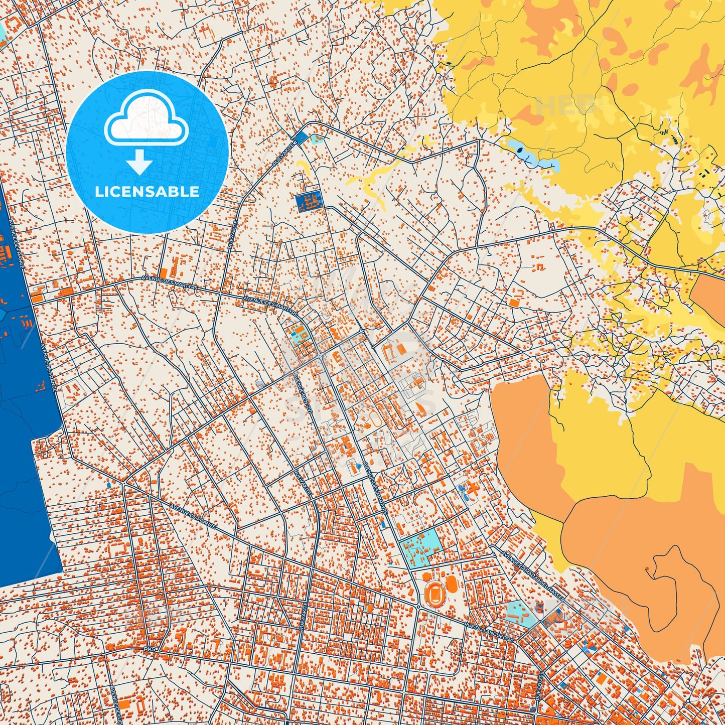 Colorful Bangui Street Map with Labels and Buildings