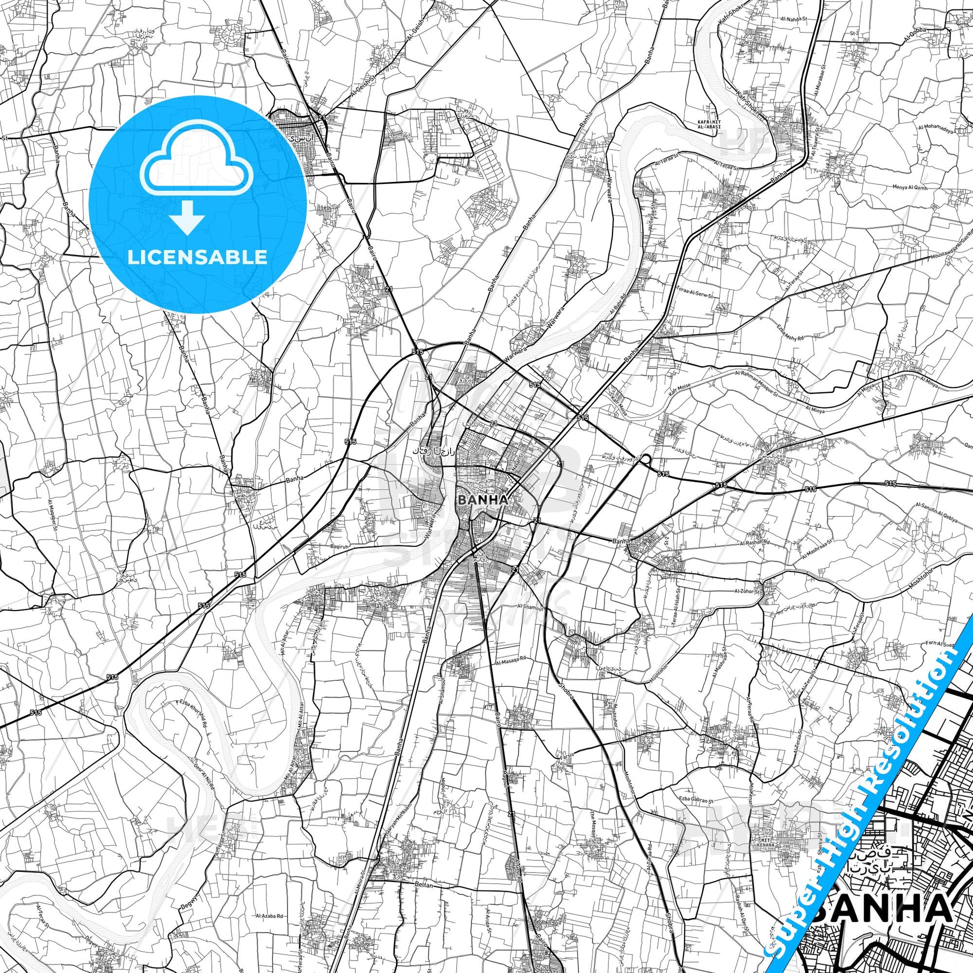 Banha, Egypt light map with streetnames, citynames and districts