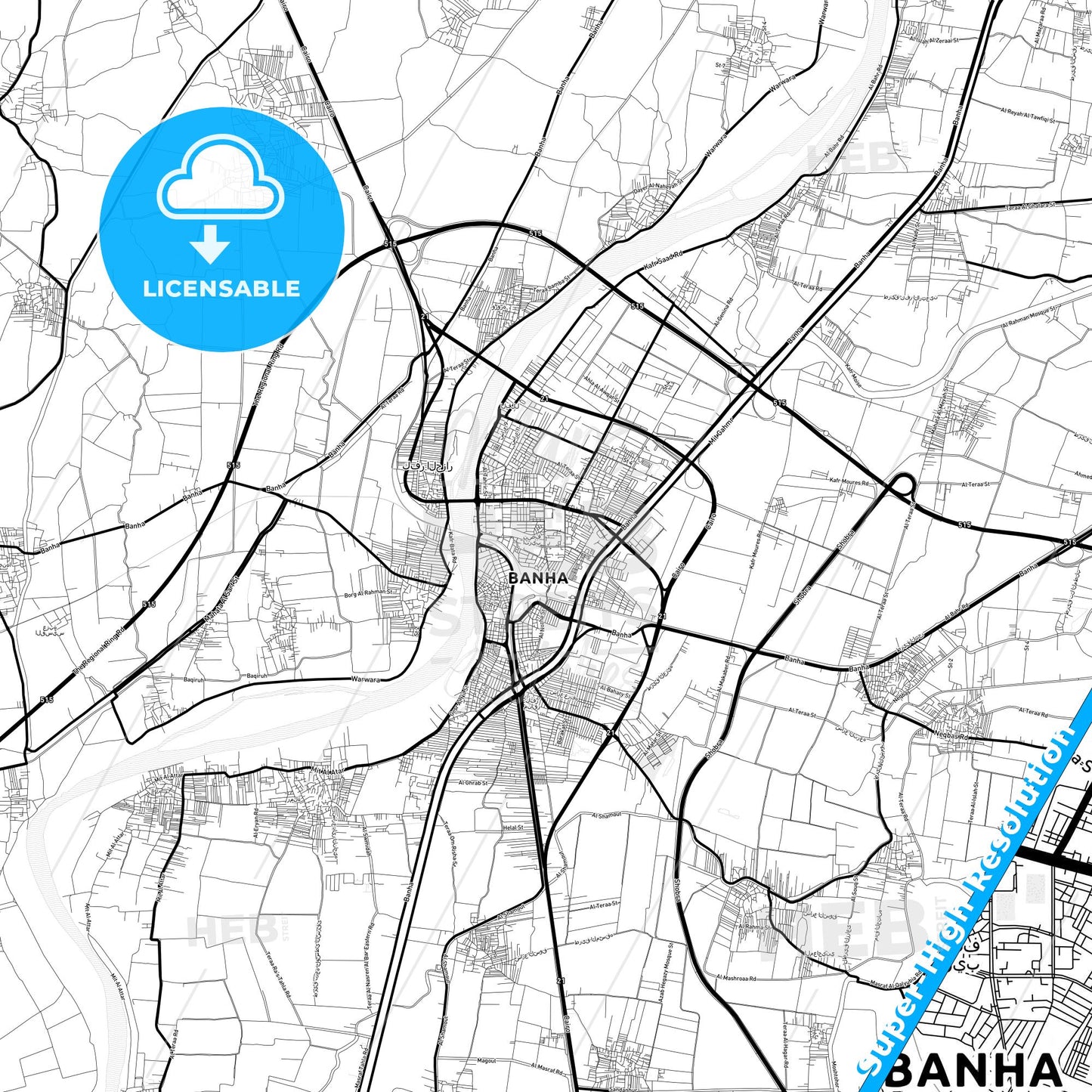 Banha, Egypt Light Map with Street Names, City Names, and Districts