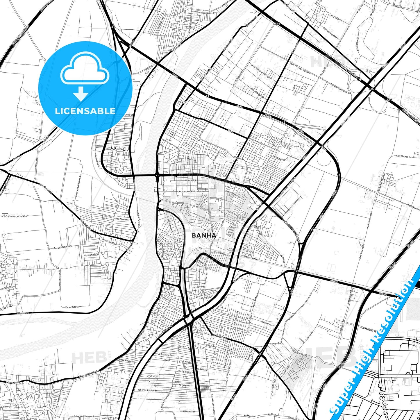 Banha, Egypt Light Map with Street Names, City Names, and Districts