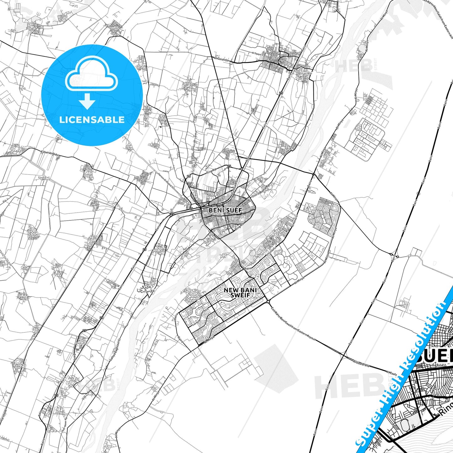 Bani Suwayf, Egypt light map with streetnames, citynames and districts