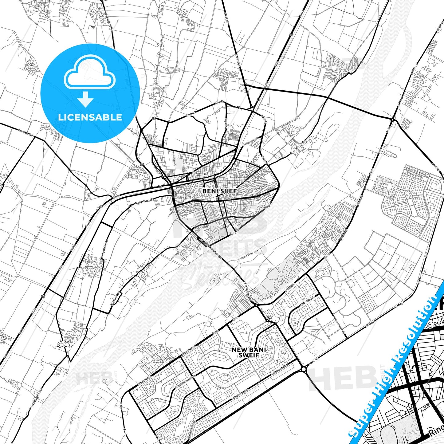 Bani Suwayf, Egypt Light Map with Street Names, City Names, and Districts