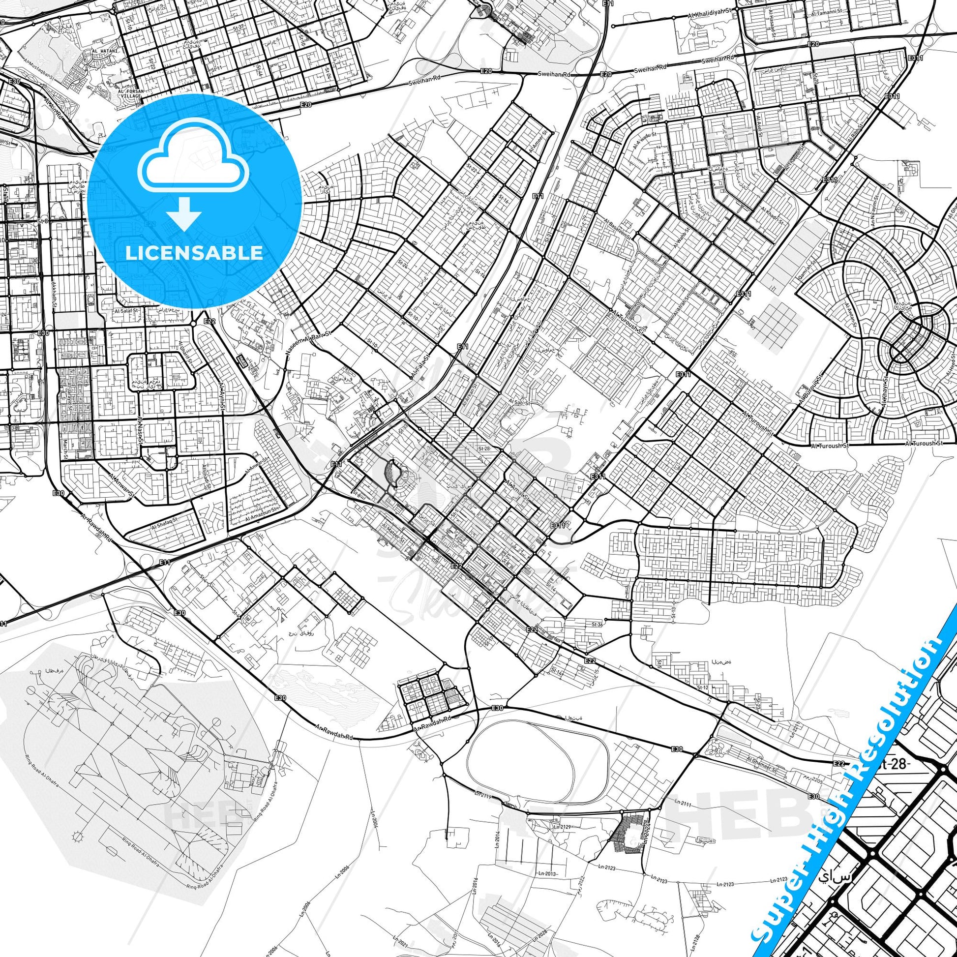 Bani Yas City, United Arab Emirates light map with streetnames, citynames and districts